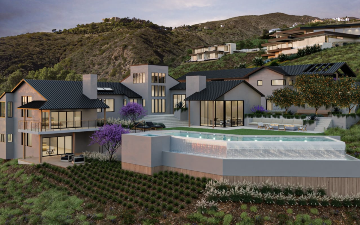 A rendering of Trancas Malibu Anacapa property. A beautiful pool and large home sit at an angle in the mountainside. The view is of dusk so you can see interior lights. 